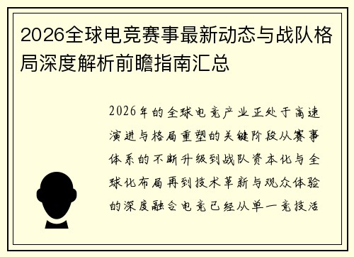 2026全球电竞赛事最新动态与战队格局深度解析前瞻指南汇总